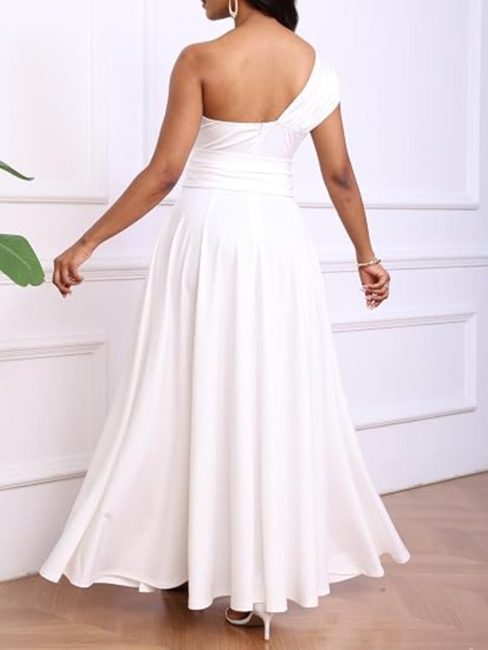 Women's White Formal Wedding Flattering A-line One Shoulder Belted Maxi Dress - Picture 2 of 5